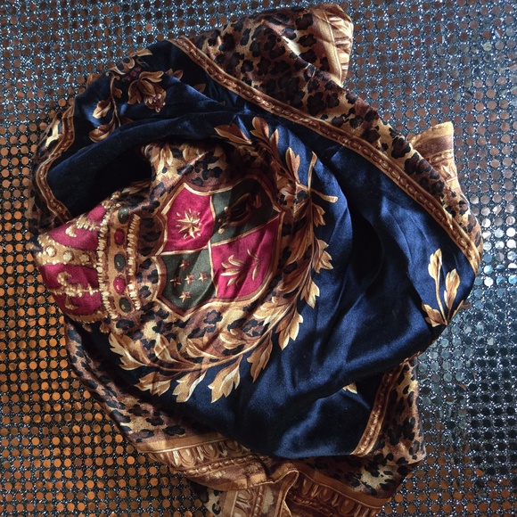 Talbots navy blue regal print silk neck scarf with animal print trim - Picture 8 of 8